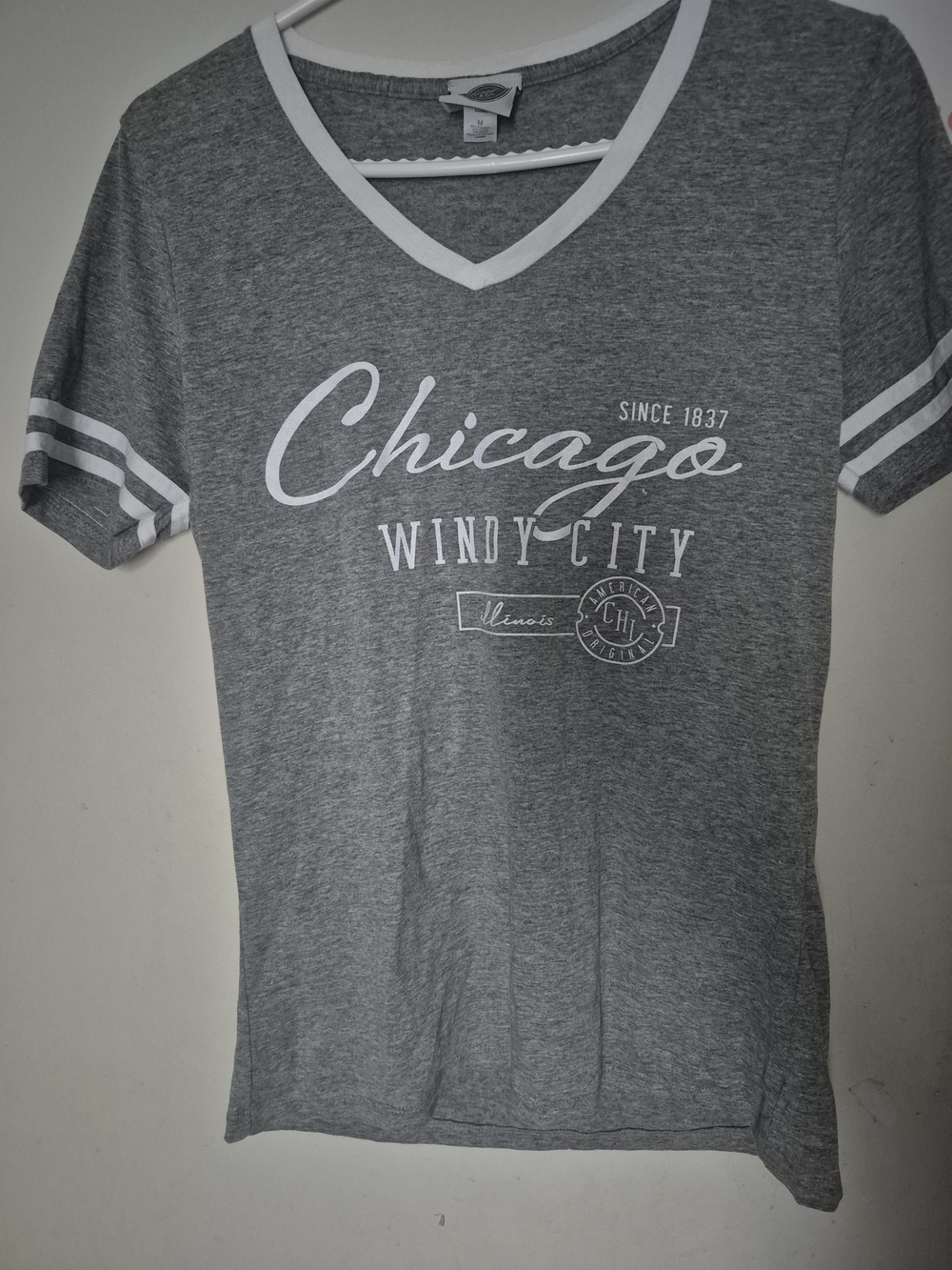 Women's Gray 'Chicago Windy City' V-Neck Tee with White Trim